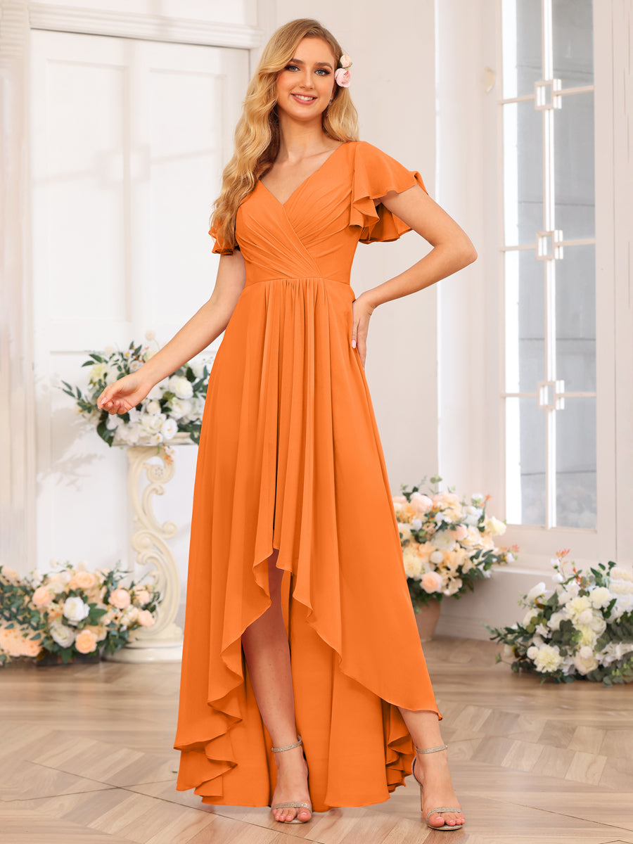 A-Line/Princess V-Neck Long Wedding Party Dresses with Ruffles Orange