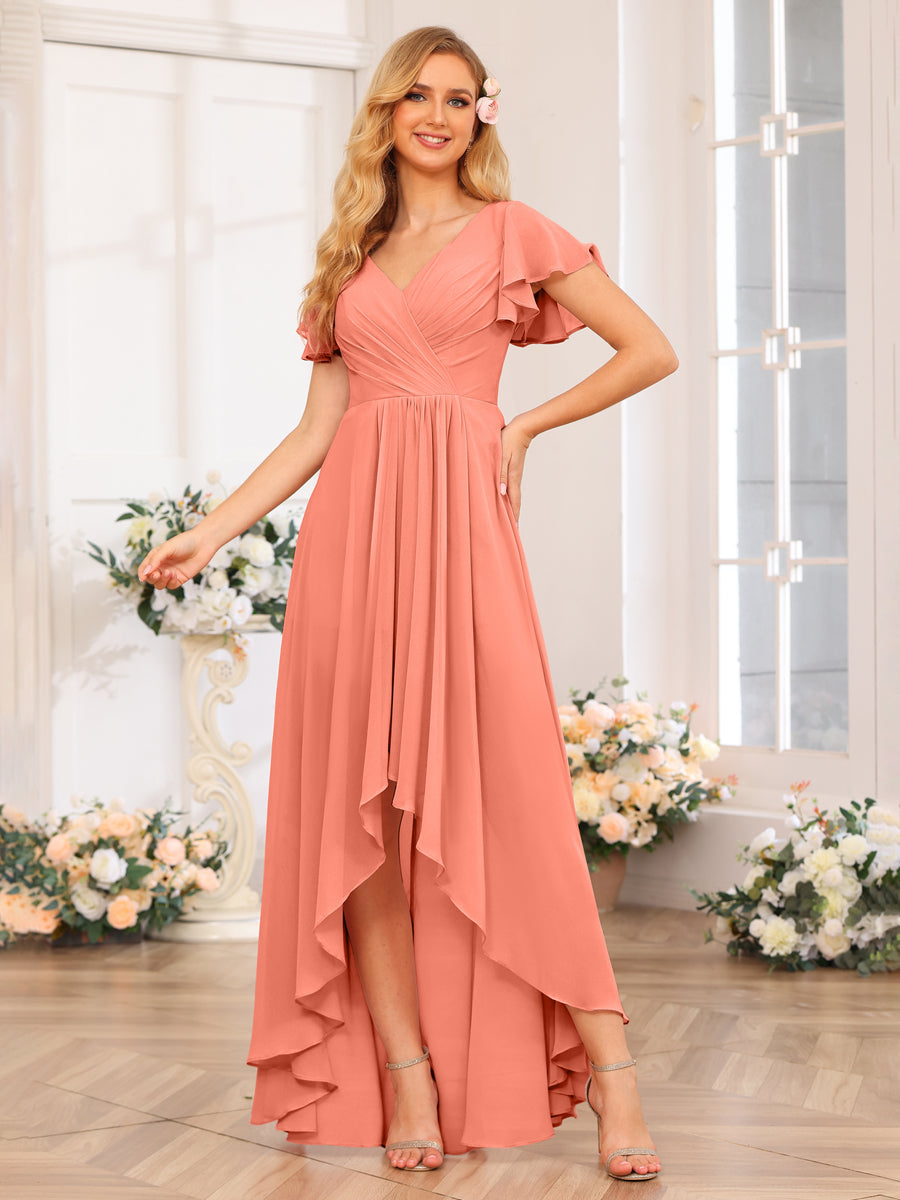 A-Line/Princess V-Neck Long Wedding Party Dresses with Ruffles Salmon