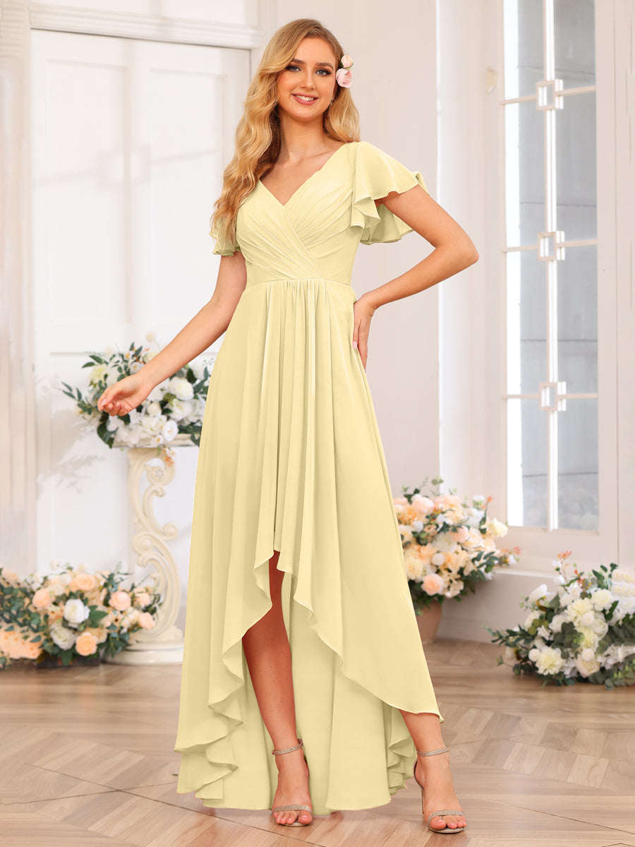 A-Line/Princess V-Neck Long Wedding Party Dresses with Ruffles Yellow