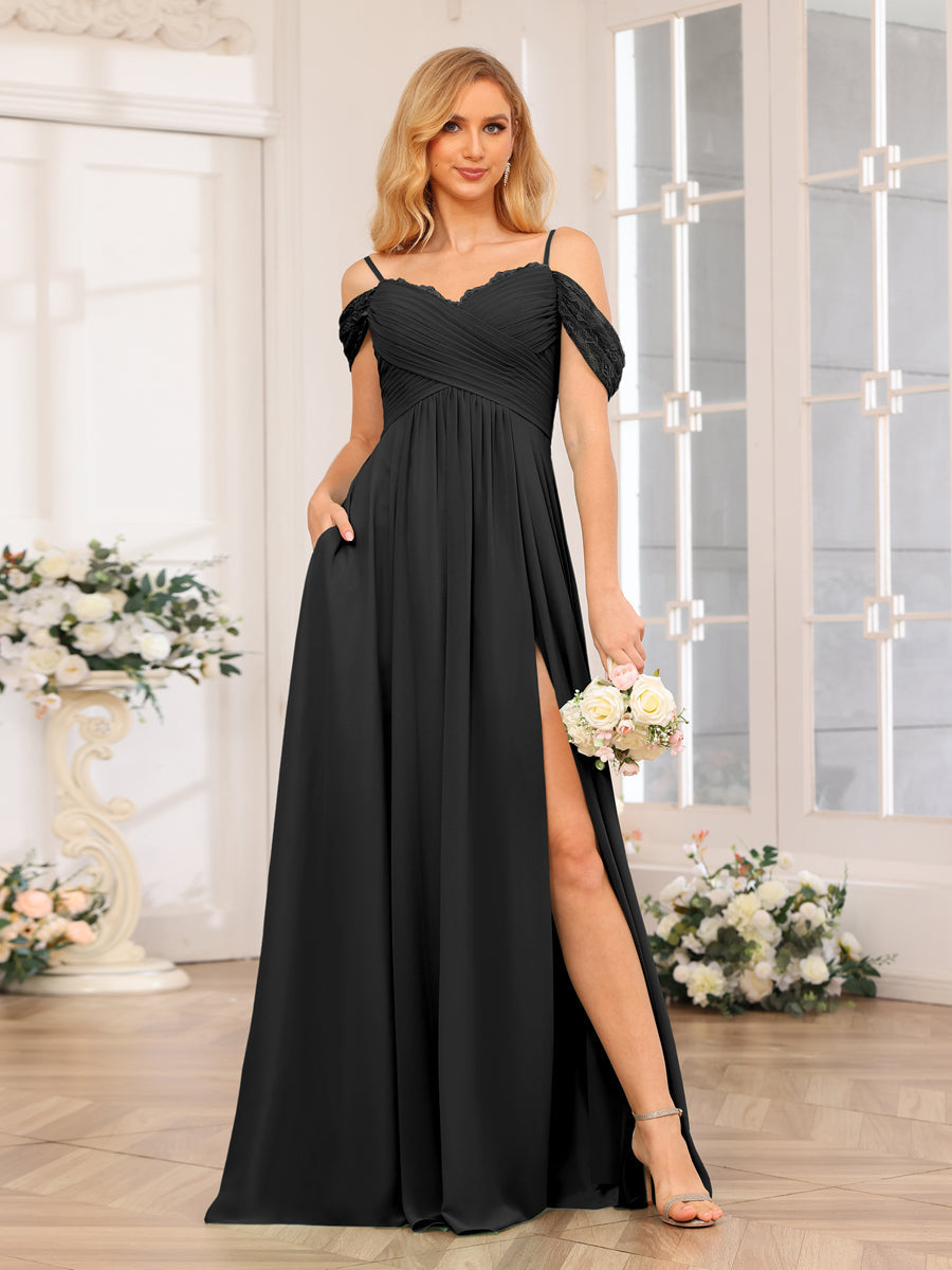 A-Line/Princess Spaghetti Straps Long Wedding Party Dresses with Split Side & Pockets Black