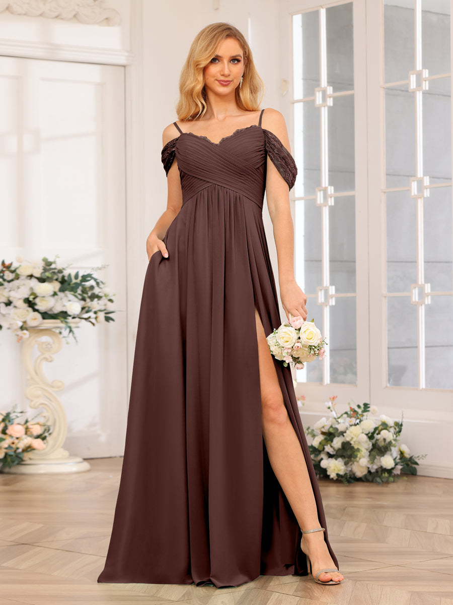 A-Line/Princess Spaghetti Straps Long Wedding Party Dresses with Split Side & Pockets Brown