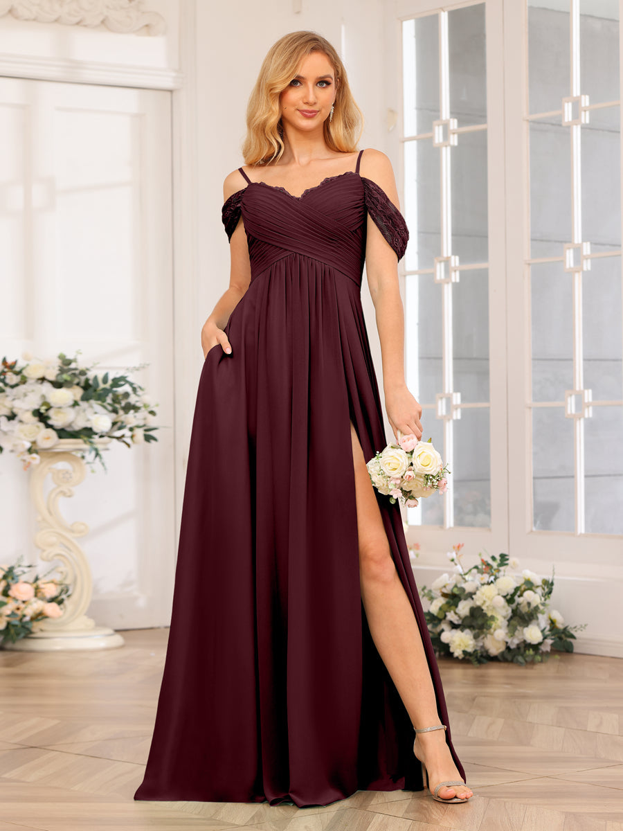 A-Line/Princess Spaghetti Straps Long Wedding Party Dresses with Split Side & Pockets Burgundy
