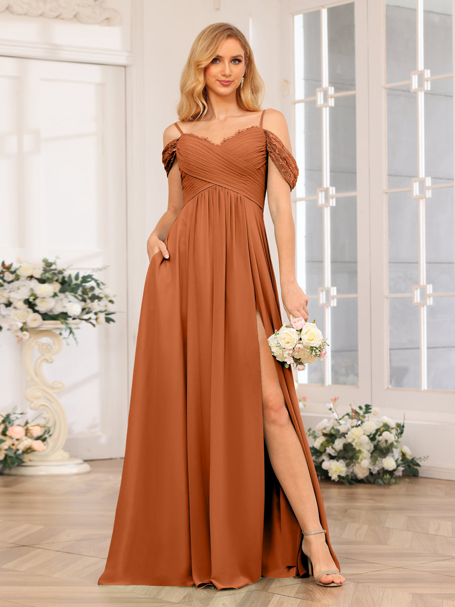 A-Line/Princess Spaghetti Straps Long Wedding Party Dresses with Split Side & Pockets Burnt Orange