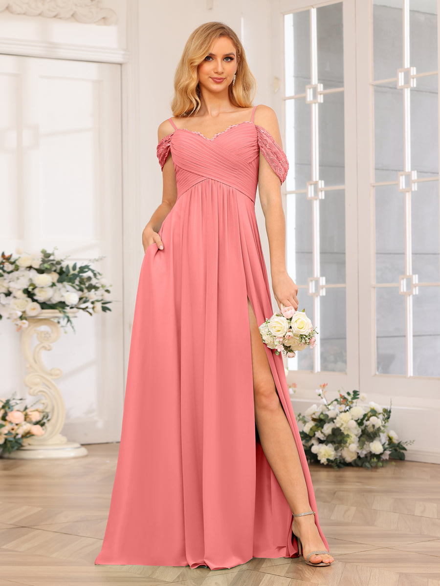 A-Line/Princess Spaghetti Straps Long Wedding Party Dresses with Split Side & Pockets Coral