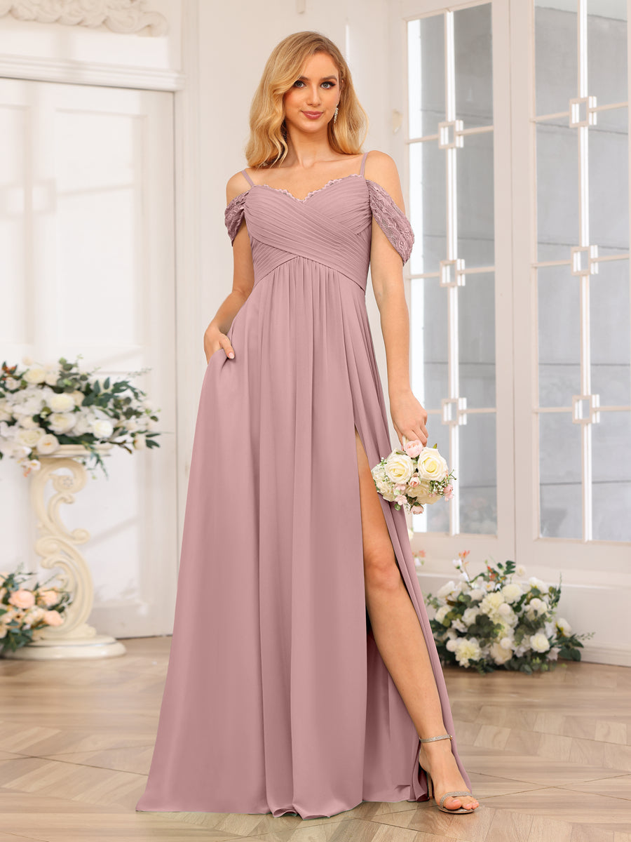 A-Line/Princess Spaghetti Straps Long Wedding Party Dresses with Split Side & Pockets Dusty Pink