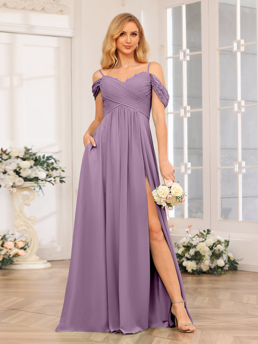 A-Line/Princess Spaghetti Straps Long Wedding Party Dresses with Split Side & Pockets Dusty Purple