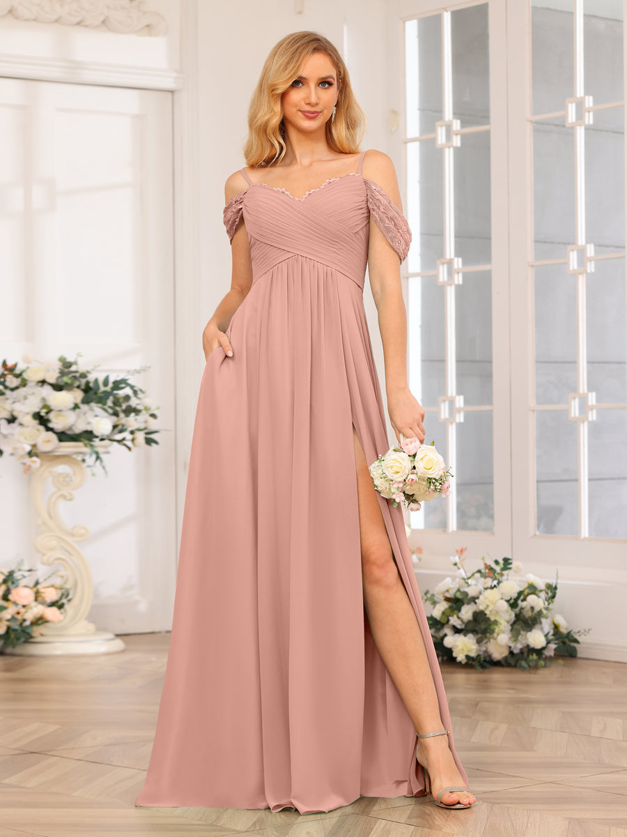 A-Line/Princess Spaghetti Straps Long Wedding Party Dresses with Split Side & Pockets Dusty Rose