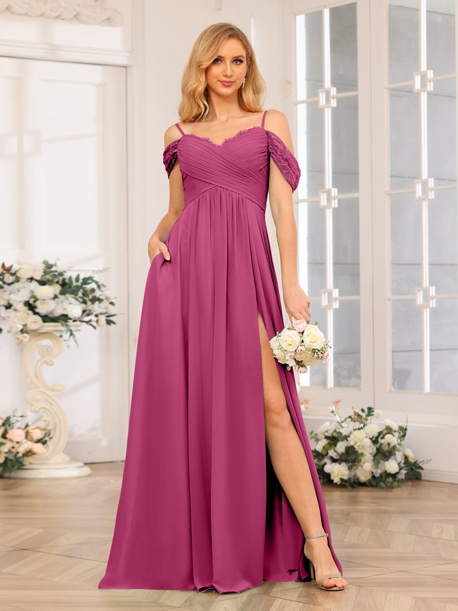 A-Line/Princess Spaghetti Straps Long Wedding Party Dresses with Split Side & Pockets Fuchsia