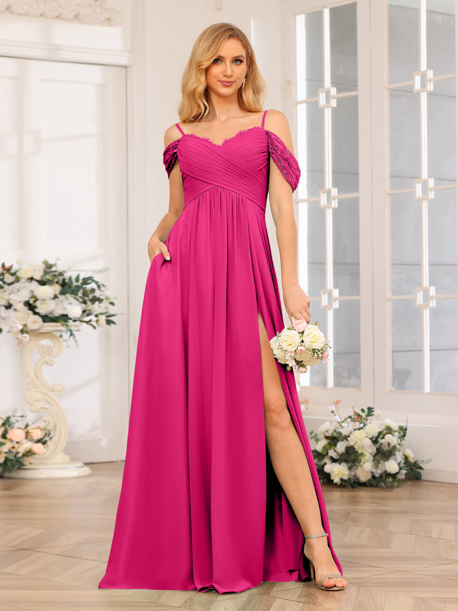 A-Line/Princess Spaghetti Straps Long Wedding Party Dresses with Split Side & Pockets Fuchsia Pink