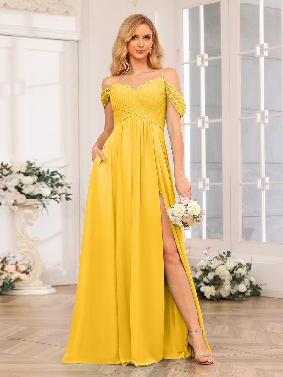 A-Line/Princess Spaghetti Straps Long Wedding Party Dresses with Split Side & Pockets Gold