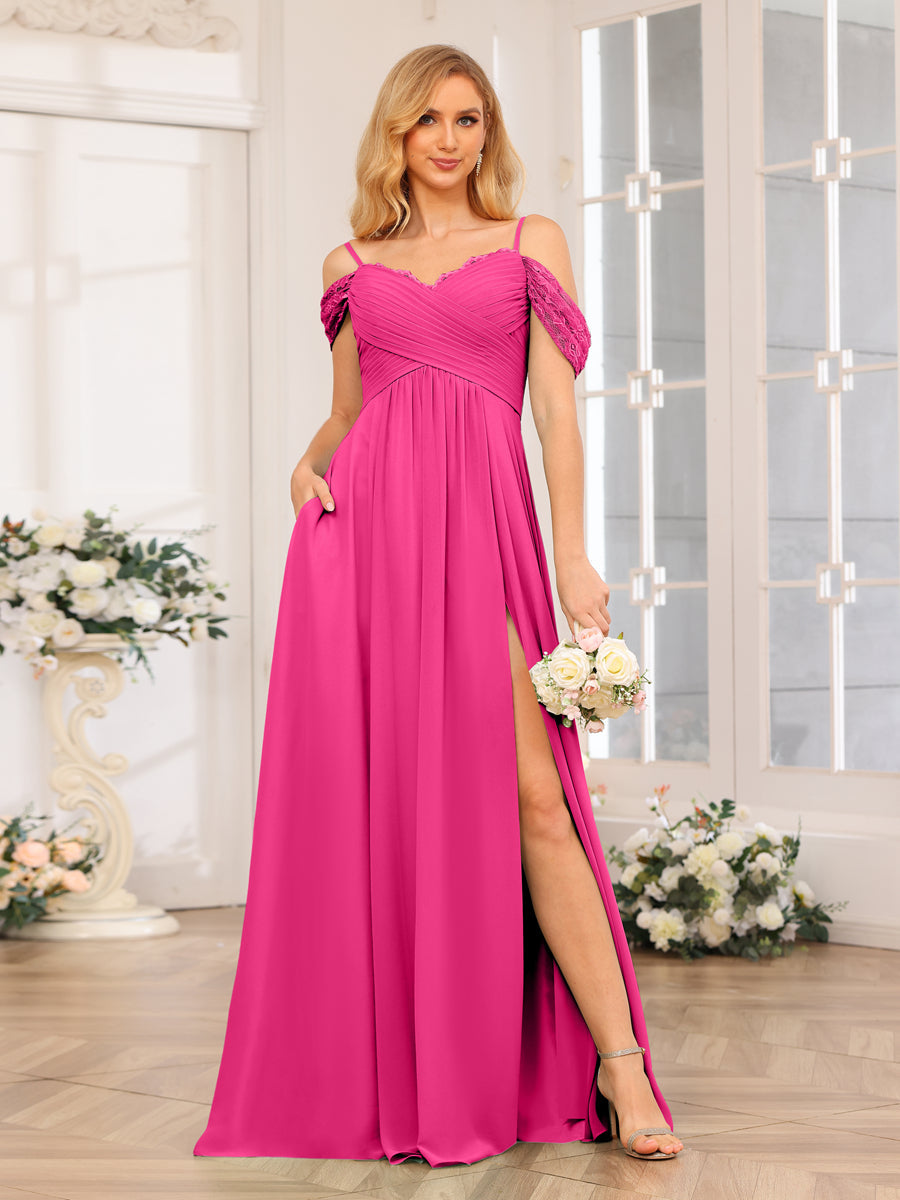 A-Line/Princess Spaghetti Straps Long Wedding Party Dresses with Split Side & Pockets Hot Pink