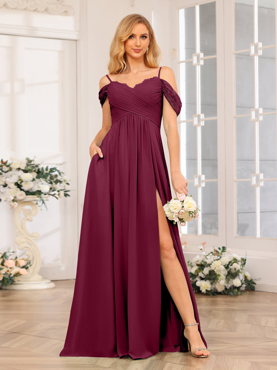 A-Line/Princess Spaghetti Straps Long Wedding Party Dresses with Split Side & Pockets Light Burgundy