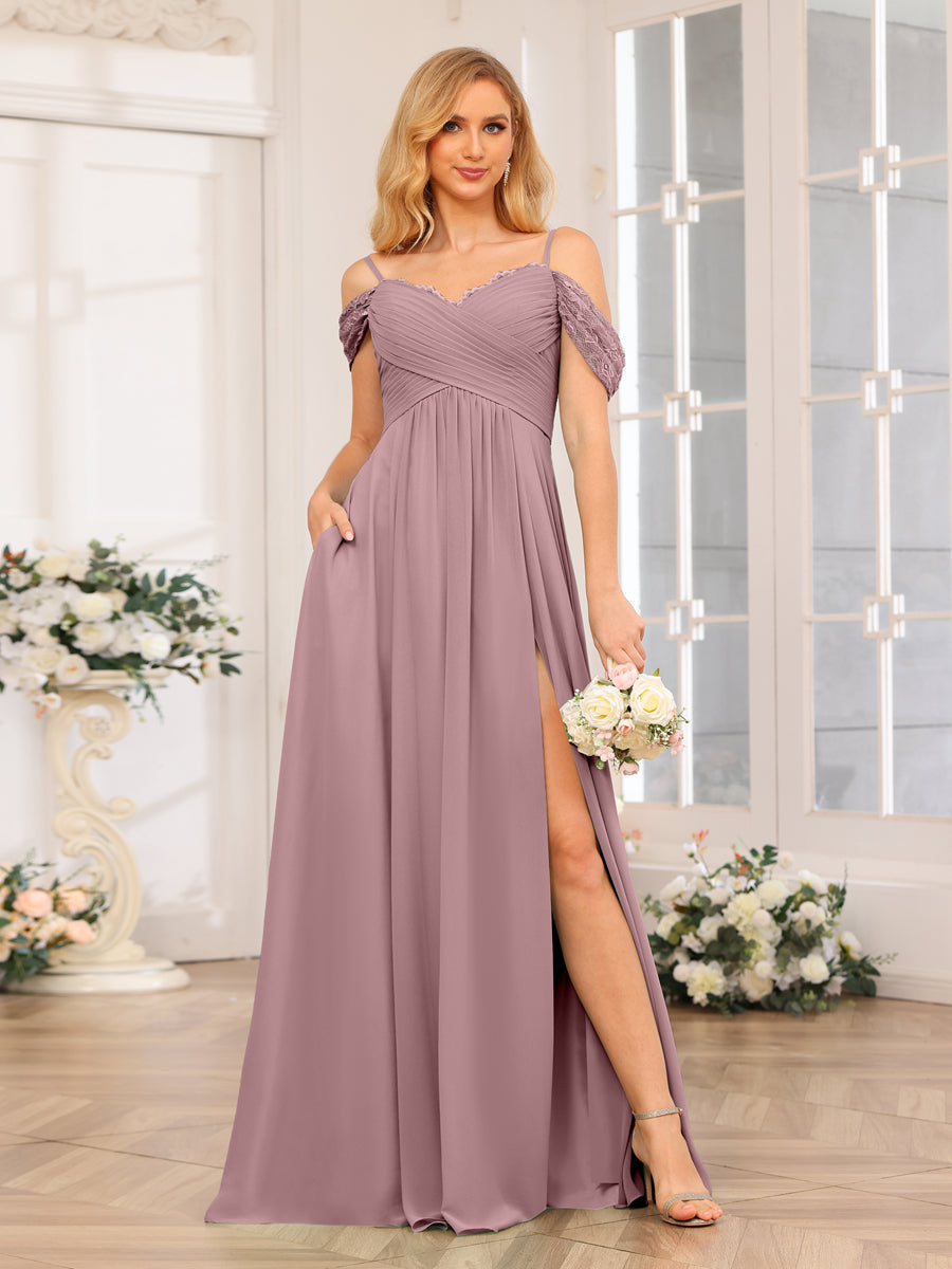 A-Line/Princess Spaghetti Straps Long Wedding Party Dresses with Split Side & Pockets Mauve