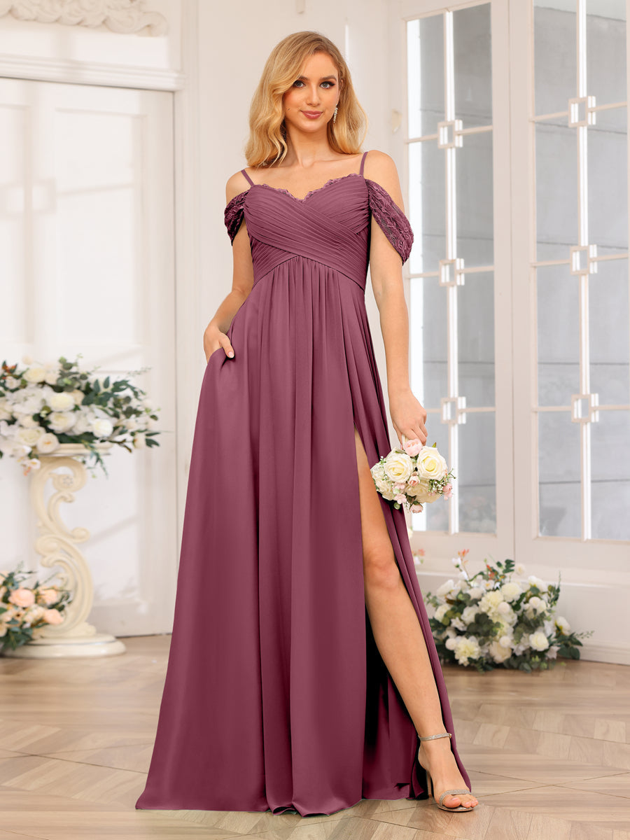 A-Line/Princess Spaghetti Straps Long Wedding Party Dresses with Split Side & Pockets Mulberry
