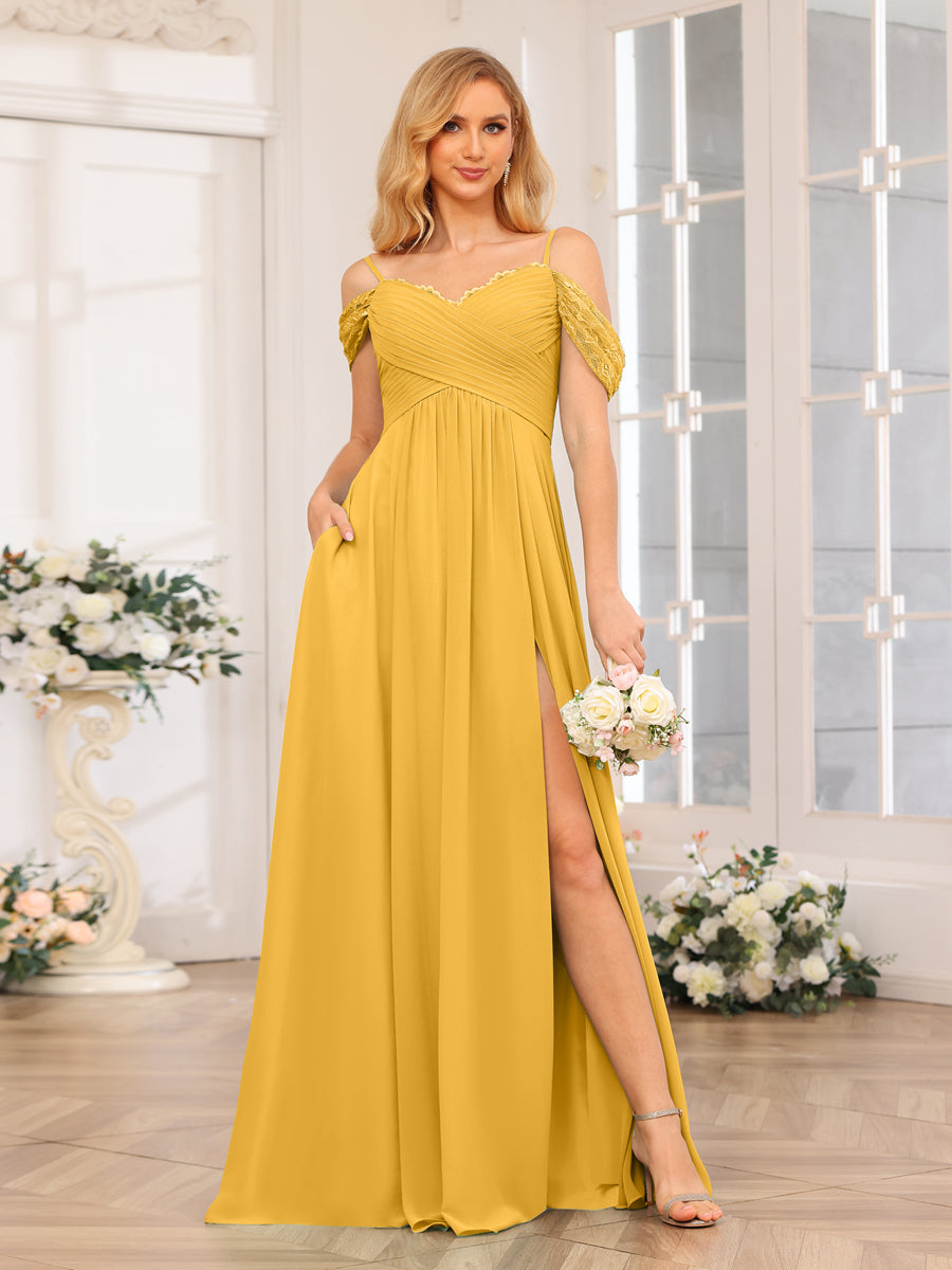 A-Line/Princess Spaghetti Straps Long Wedding Party Dresses with Split Side & Pockets Mustard Yellow