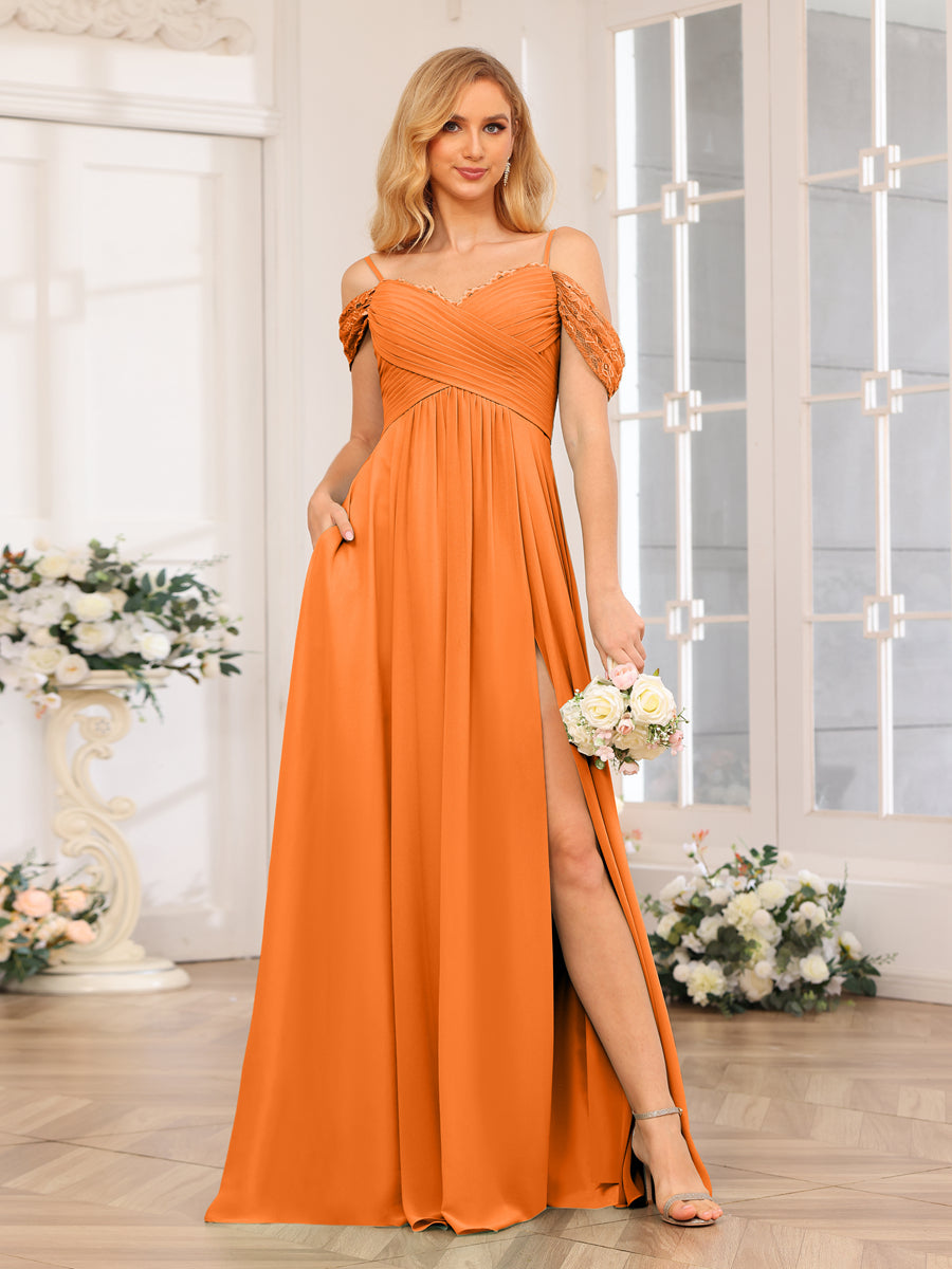 A-Line/Princess Spaghetti Straps Long Wedding Party Dresses with Split Side & Pockets Orange