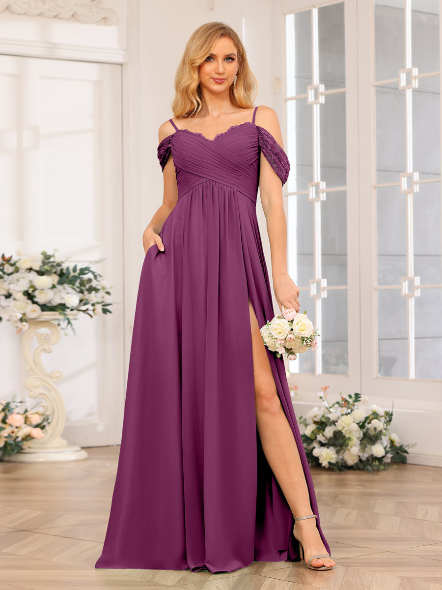 A-Line/Princess Spaghetti Straps Long Wedding Party Dresses with Split Side & Pockets Orchid