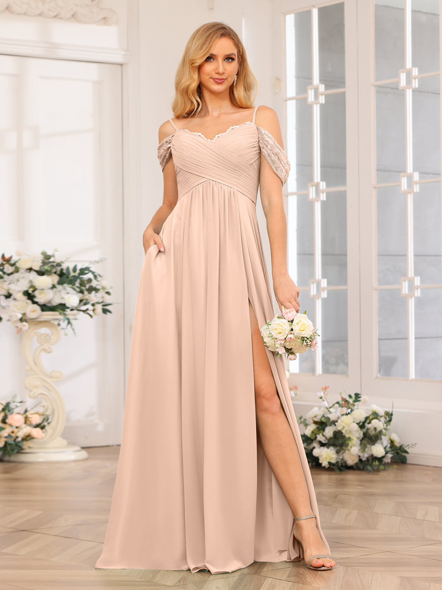 A-Line/Princess Spaghetti Straps Long Wedding Party Dresses with Split Side & Pockets Peach Pink