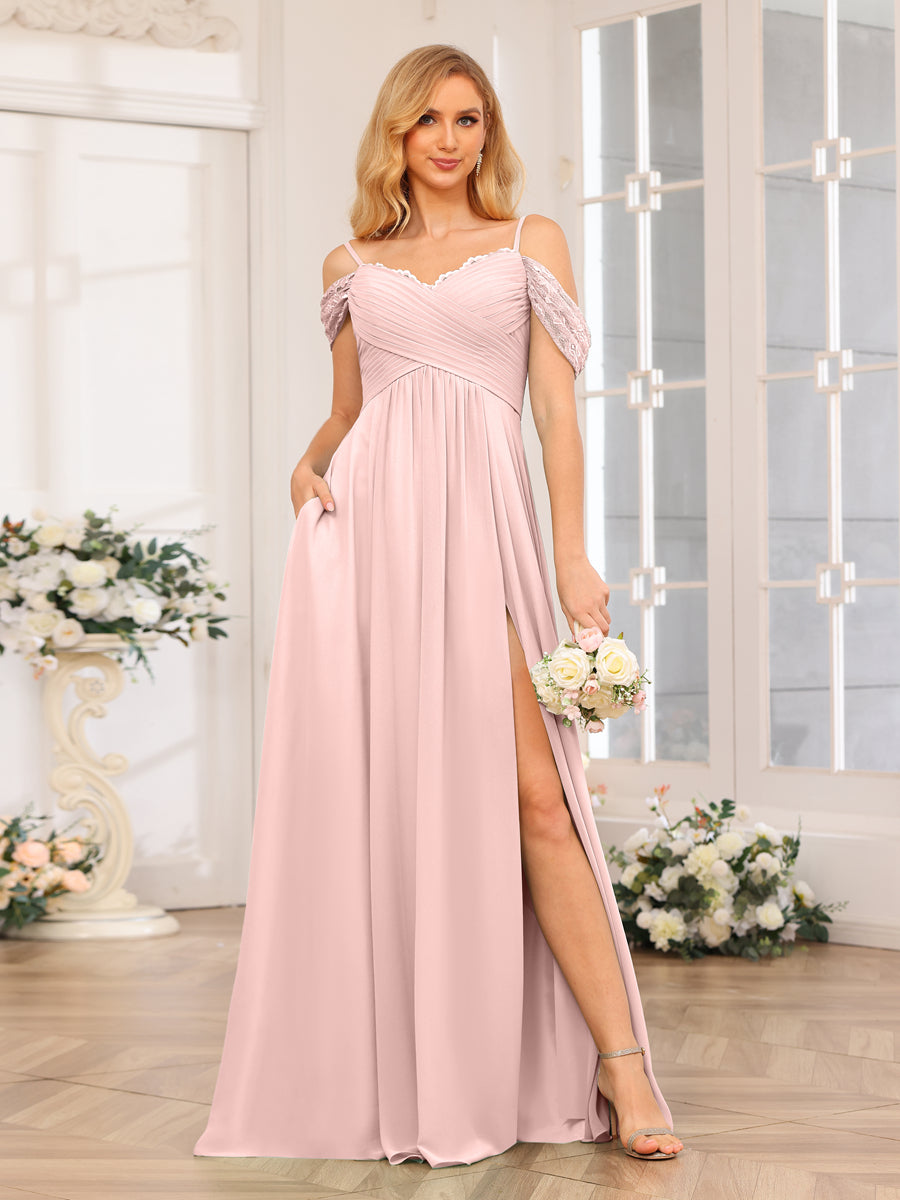 A-Line/Princess Spaghetti Straps Long Wedding Party Dresses with Split Side & Pockets Pearl Pink