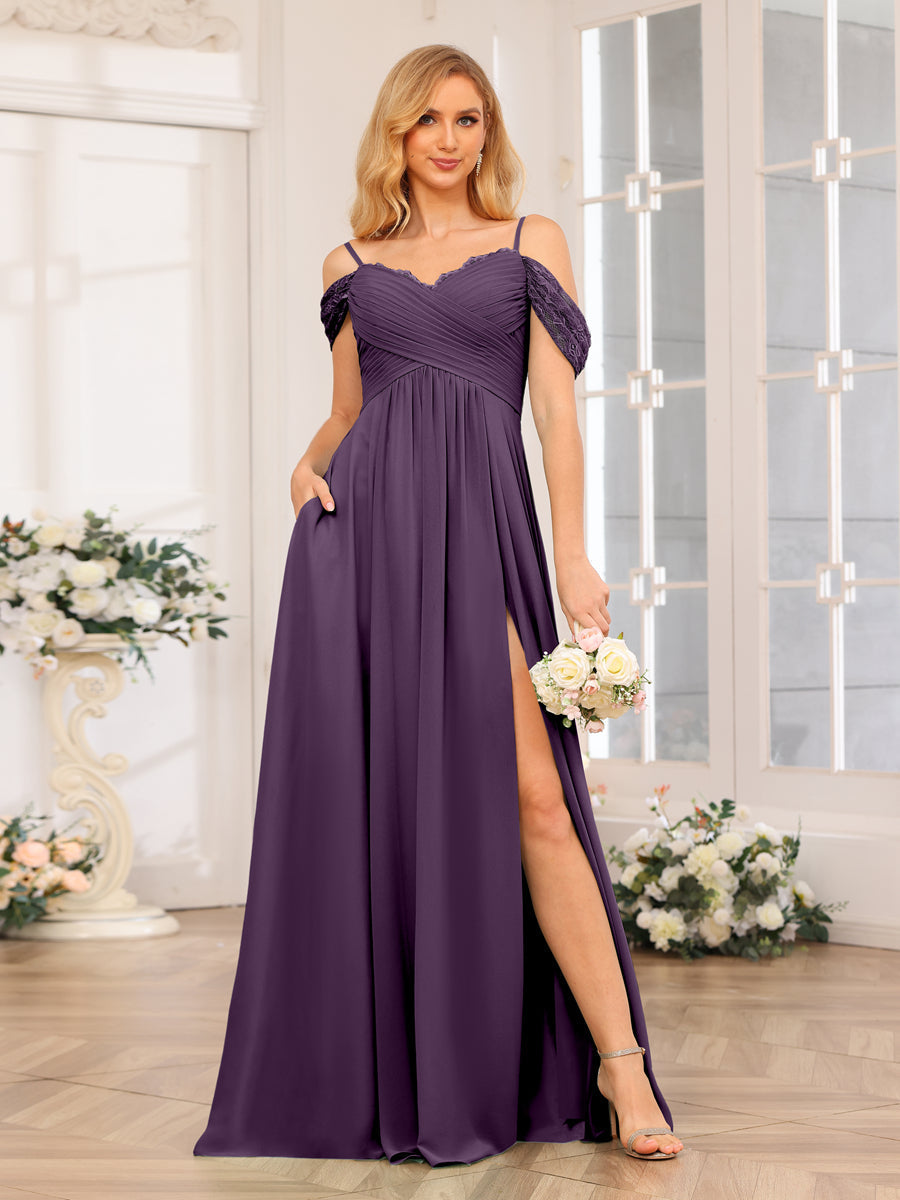 A-Line/Princess Spaghetti Straps Long Wedding Party Dresses with Split Side & Pockets Plum