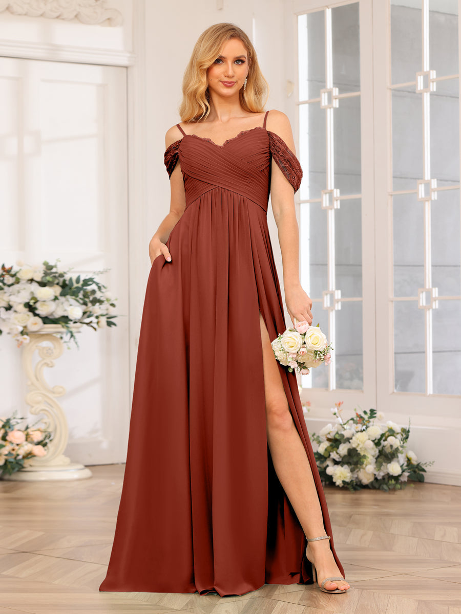 A-Line/Princess Spaghetti Straps Long Wedding Party Dresses with Split Side & Pockets Rust