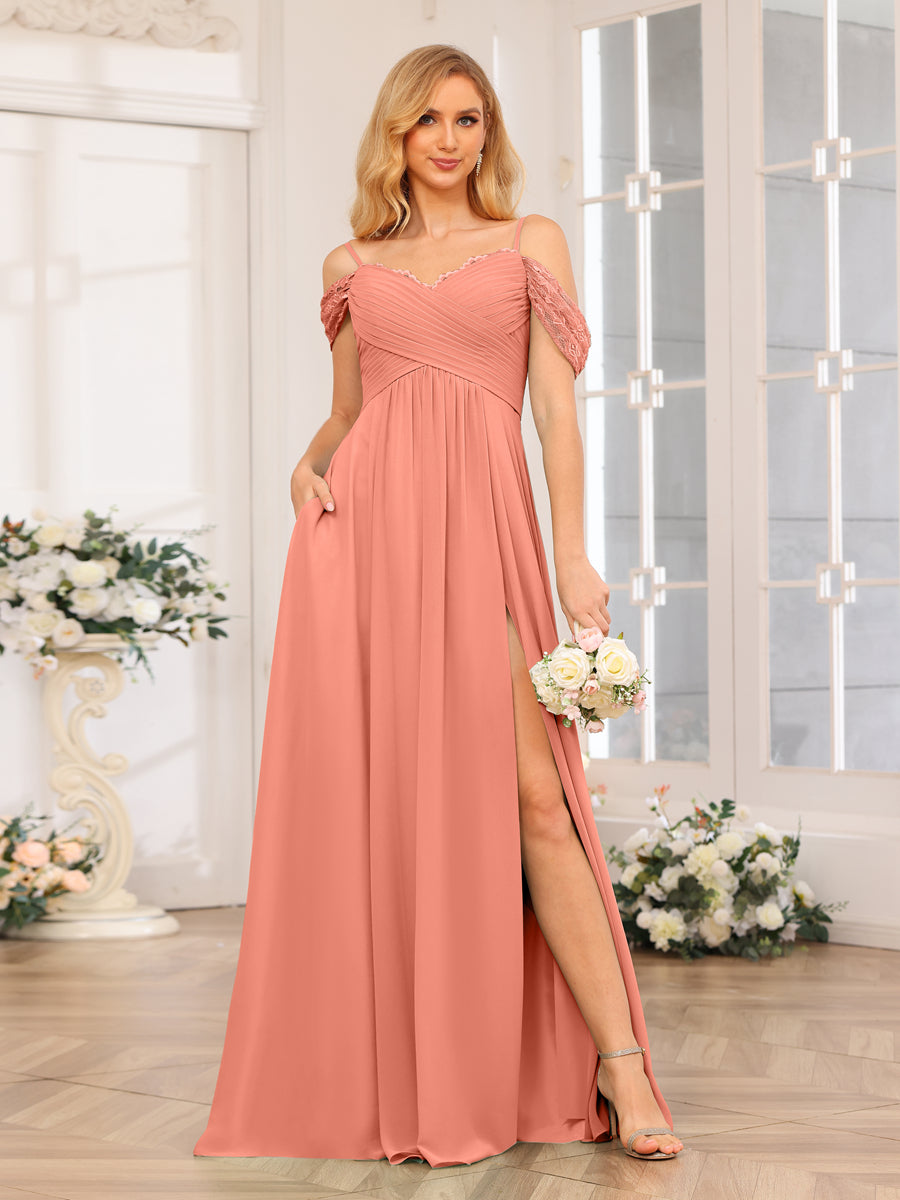 A-Line/Princess Spaghetti Straps Long Wedding Party Dresses with Split Side & Pockets Salmon