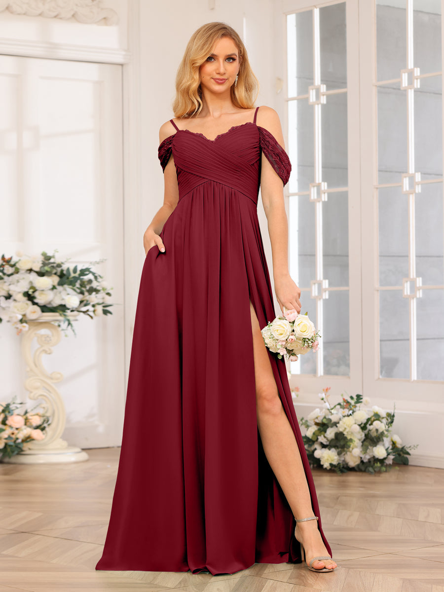 A-Line/Princess Spaghetti Straps Long Wedding Party Dresses with Split Side & Pockets Wine Red