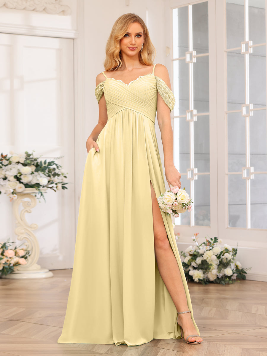 A-Line/Princess Spaghetti Straps Long Wedding Party Dresses with Split Side & Pockets Yellow