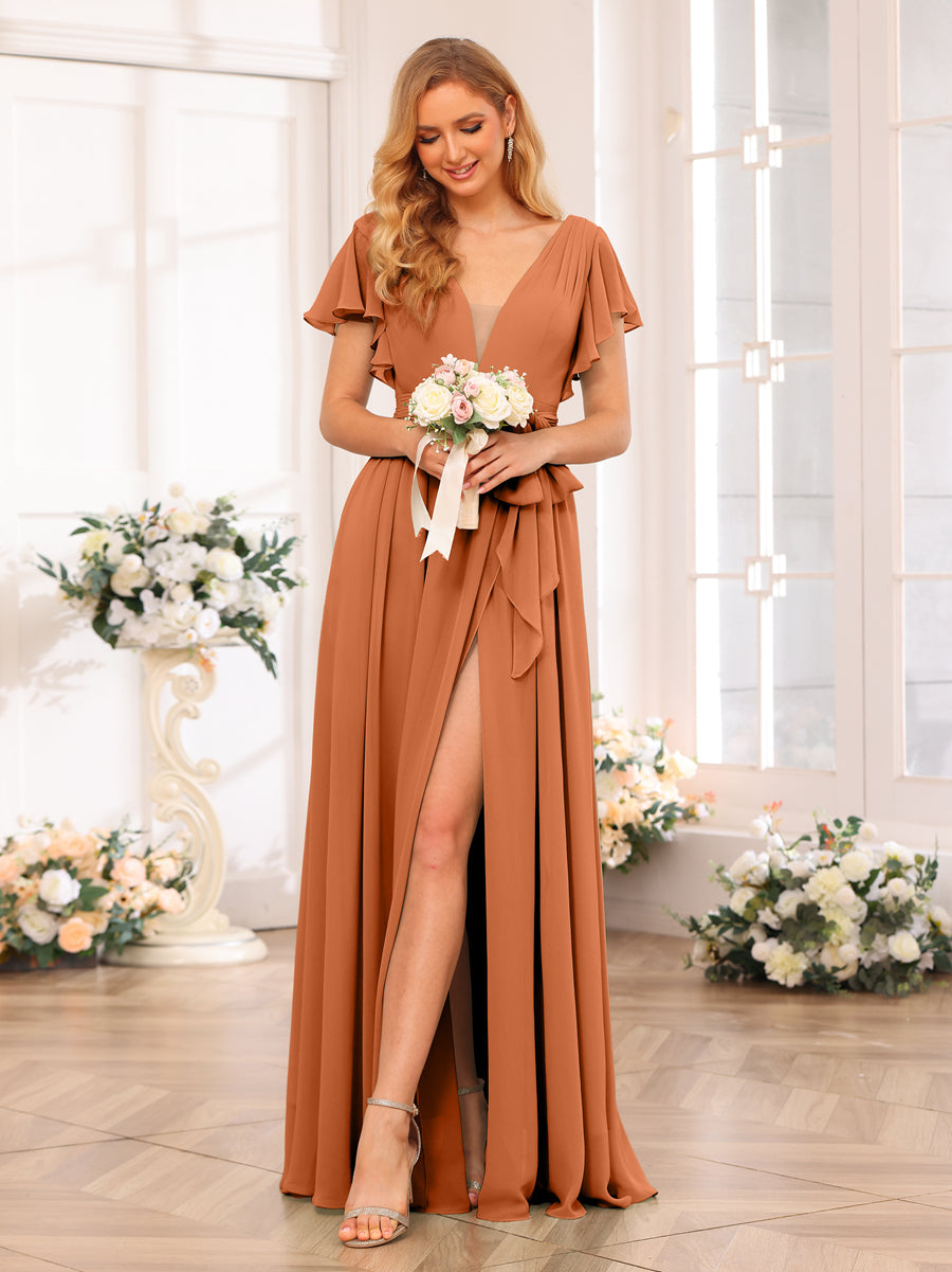 A-Line/Princess V-Neck Long Wedding Party Dresses with Split Side & Sash Burnt Orange