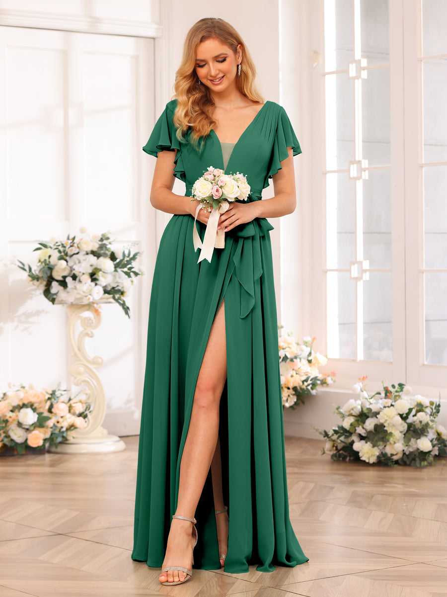 A-Line/Princess V-Neck Long Wedding Party Dresses with Split Side & Sash Dark Green
