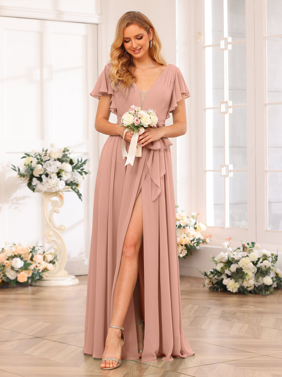 A-Line/Princess V-Neck Long Wedding Party Dresses with Split Side & Sash Dusty Rose