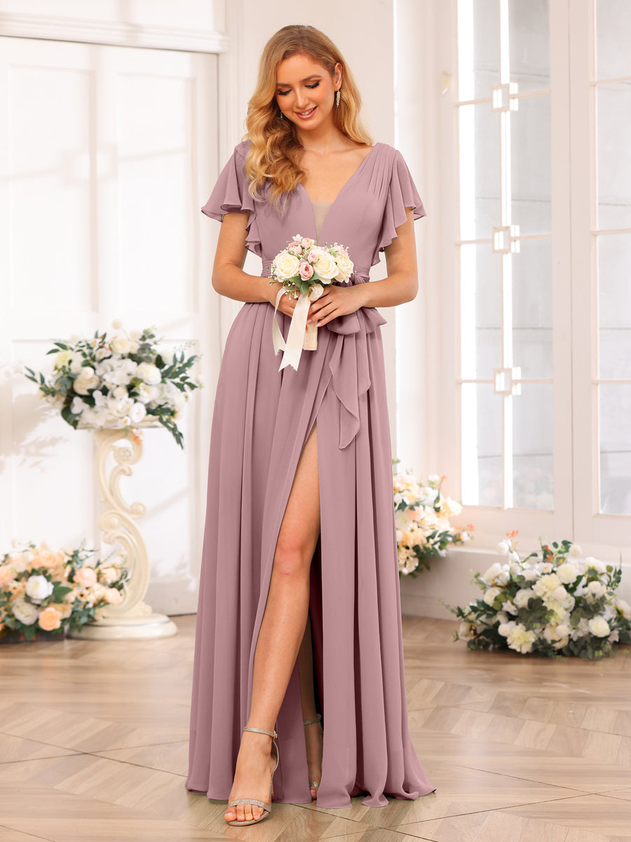 A-Line/Princess V-Neck Long Wedding Party Dresses with Split Side & Sash Mauve
