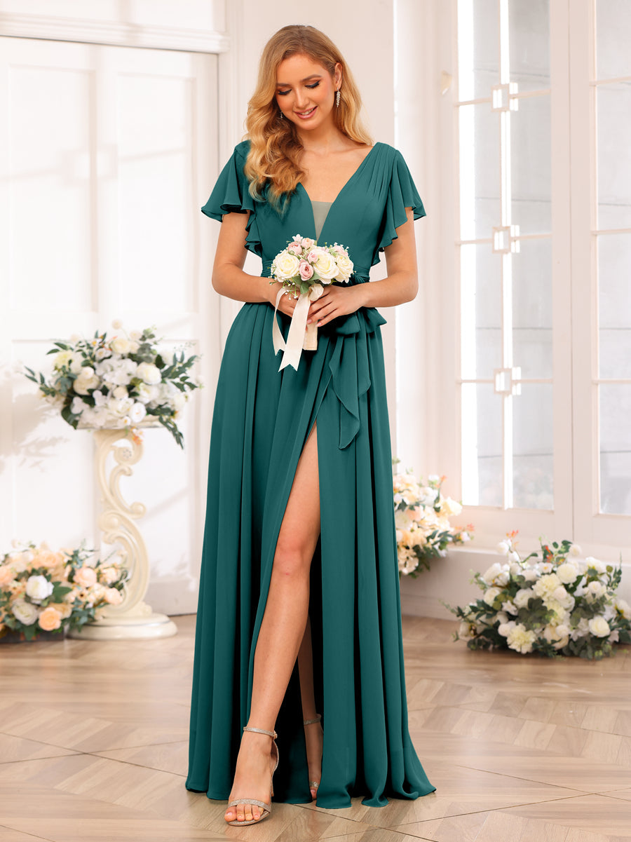 A-Line/Princess V-Neck Long Wedding Party Dresses with Split Side & Sash Peacock