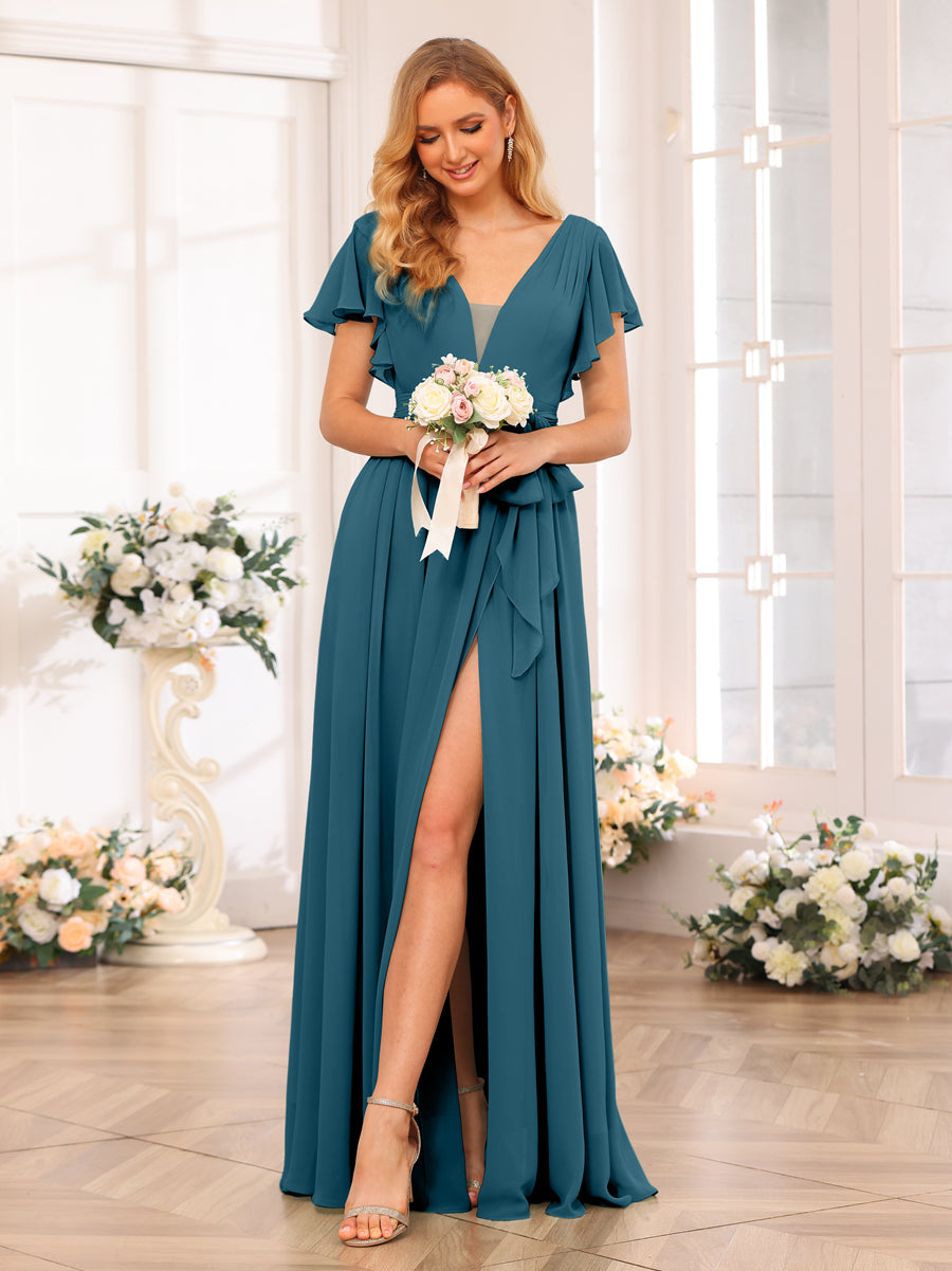 A-Line/Princess V-Neck Long Wedding Party Dresses with Split Side & Sash Teal