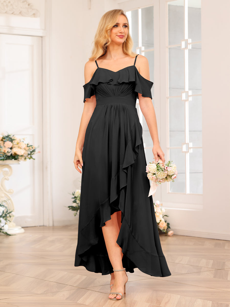 A-Line/Princess Spaghetti Straps Long Wedding Party Dresses with Ruffles Black