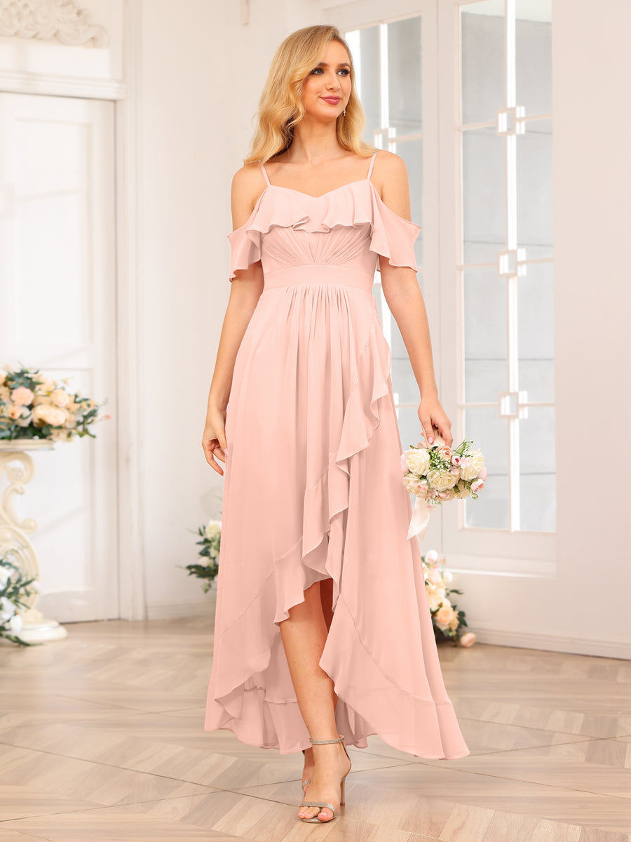 A-Line/Princess Spaghetti Straps Long Wedding Party Dresses with Ruffles Blush Pink