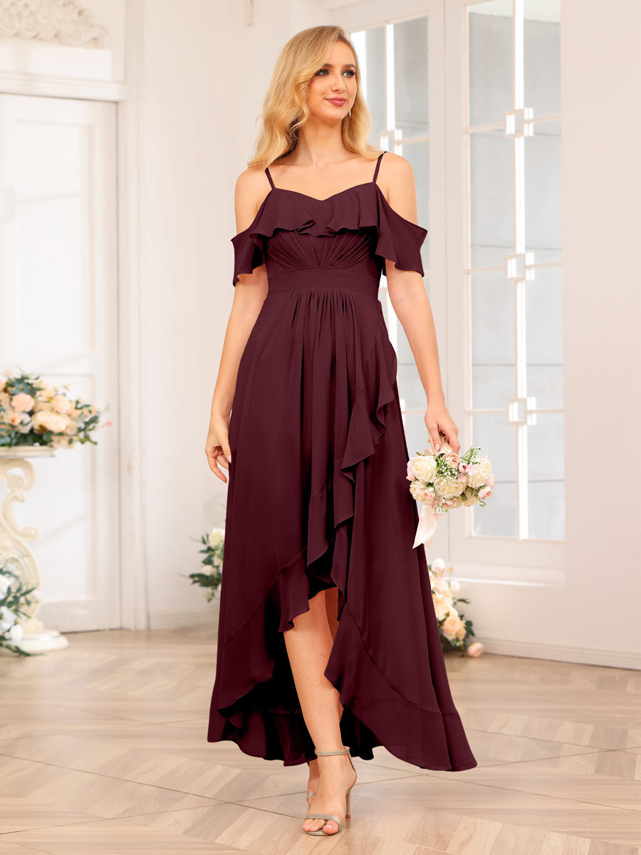 A-Line/Princess Spaghetti Straps Long Wedding Party Dresses with Ruffles Burgundy