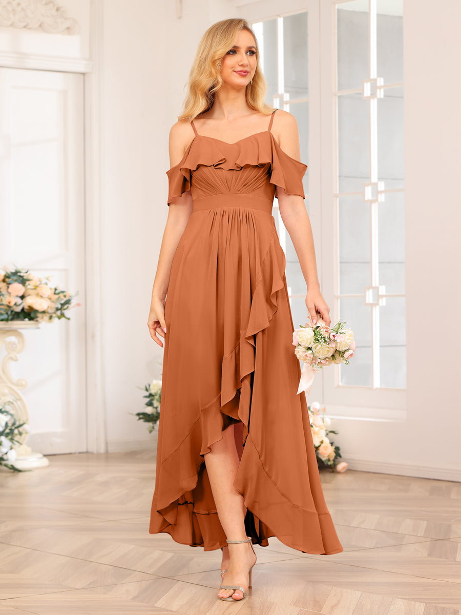 A-Line/Princess Spaghetti Straps Long Wedding Party Dresses with Ruffles Burnt Orange