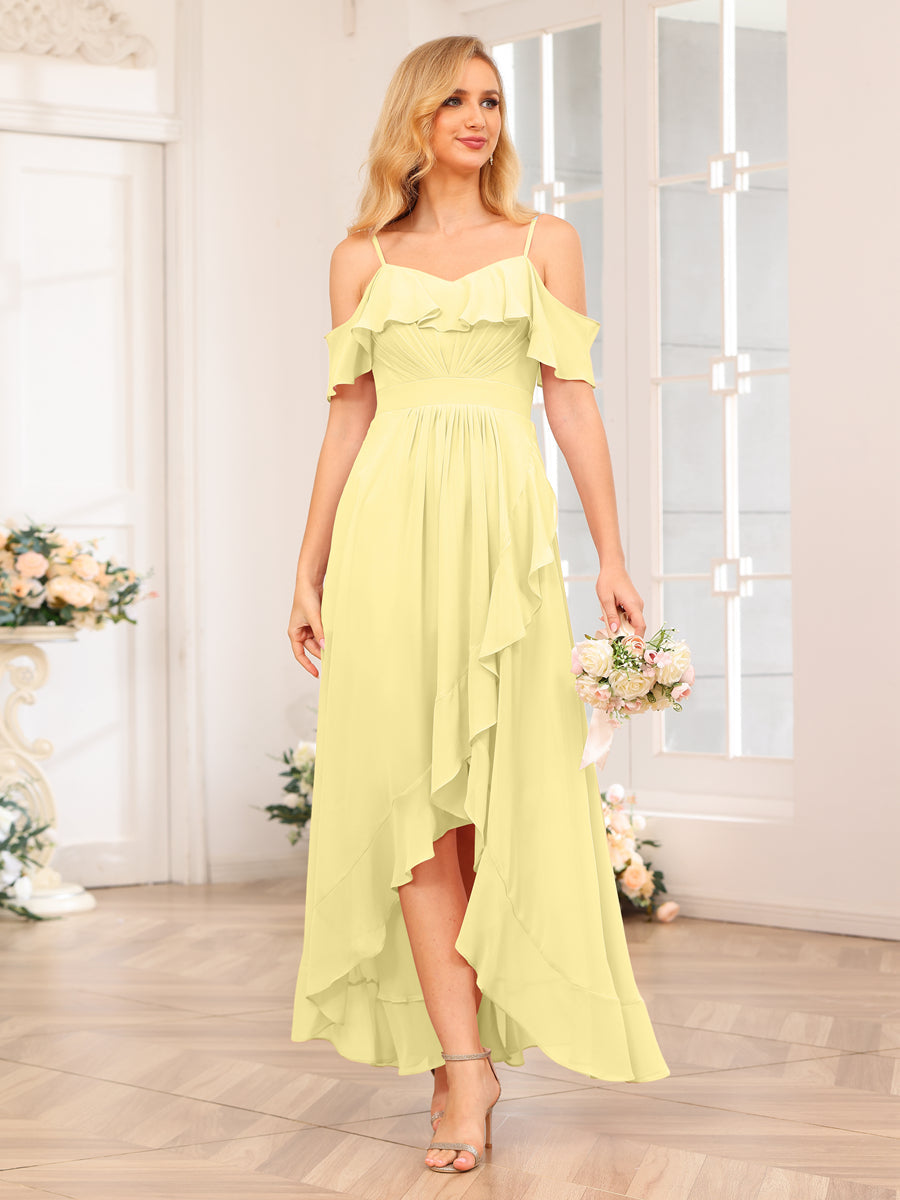 A-Line/Princess Spaghetti Straps Long Wedding Party Dresses with Ruffles Canary