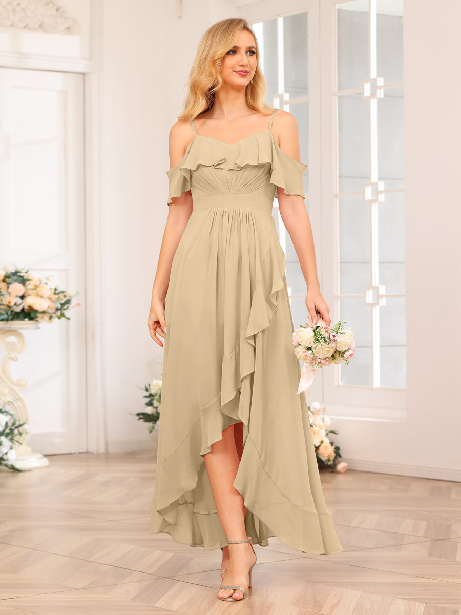 A-Line/Princess Spaghetti Straps Long Wedding Party Dresses with Ruffles Champagne