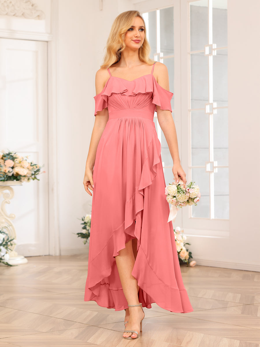 A-Line/Princess Spaghetti Straps Long Wedding Party Dresses with Ruffles Coral