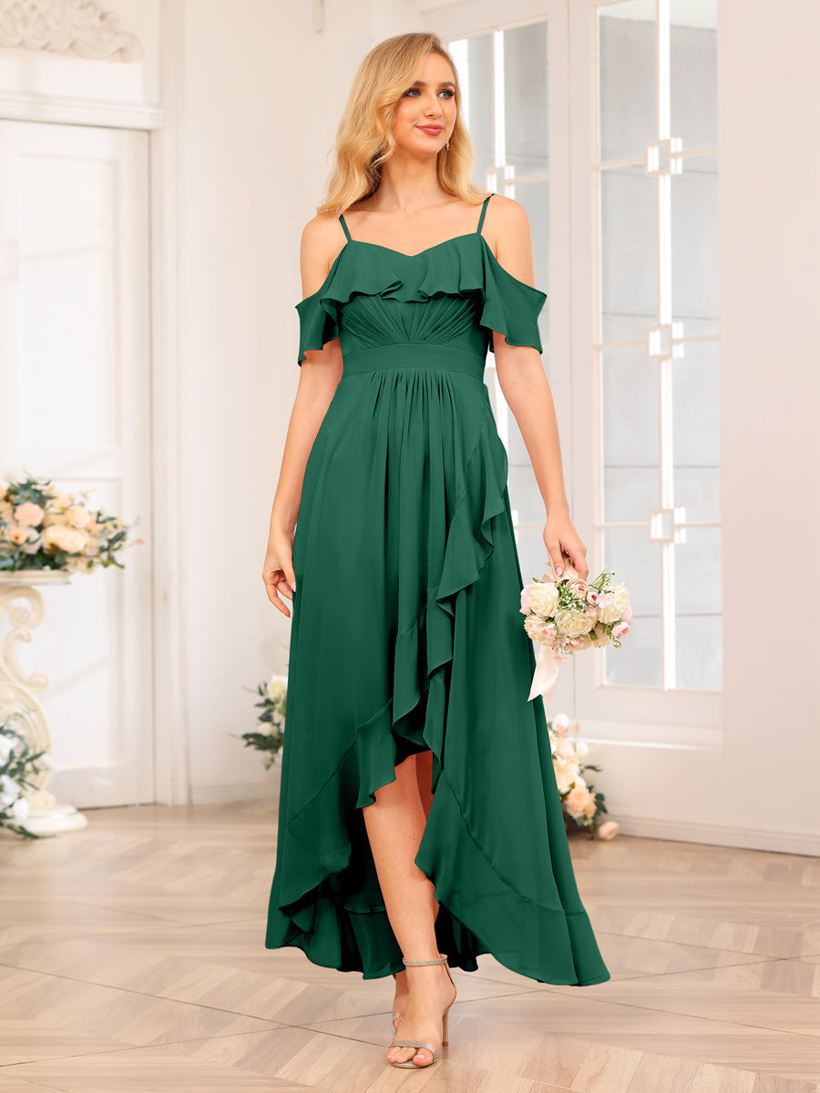 A-Line/Princess Spaghetti Straps Long Wedding Party Dresses with Ruffles Dark Green