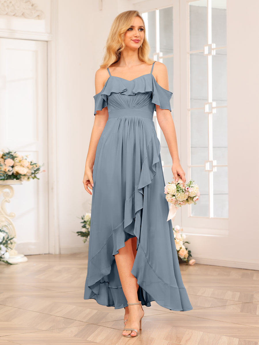 A-Line/Princess Spaghetti Straps Long Wedding Party Dresses with Ruffles Dusty Blue