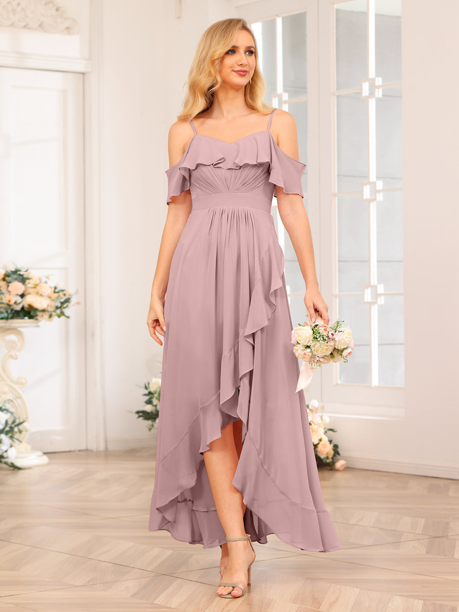 A-Line/Princess Spaghetti Straps Long Wedding Party Dresses with Ruffles Dusty Pink