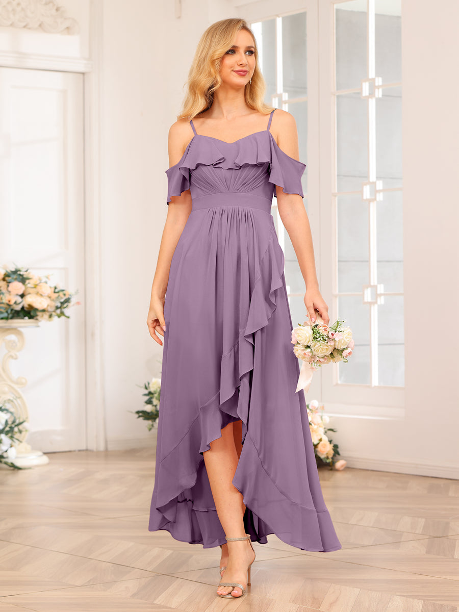 A-Line/Princess Spaghetti Straps Long Wedding Party Dresses with Ruffles Dusty Purple
