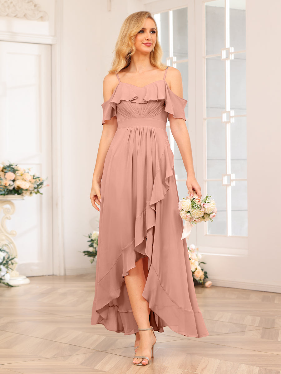 A-Line/Princess Spaghetti Straps Long Wedding Party Dresses with Ruffles Dusty Rose