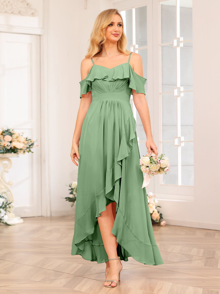 A-Line/Princess Spaghetti Straps Long Wedding Party Dresses with Ruffles Dusty Sage