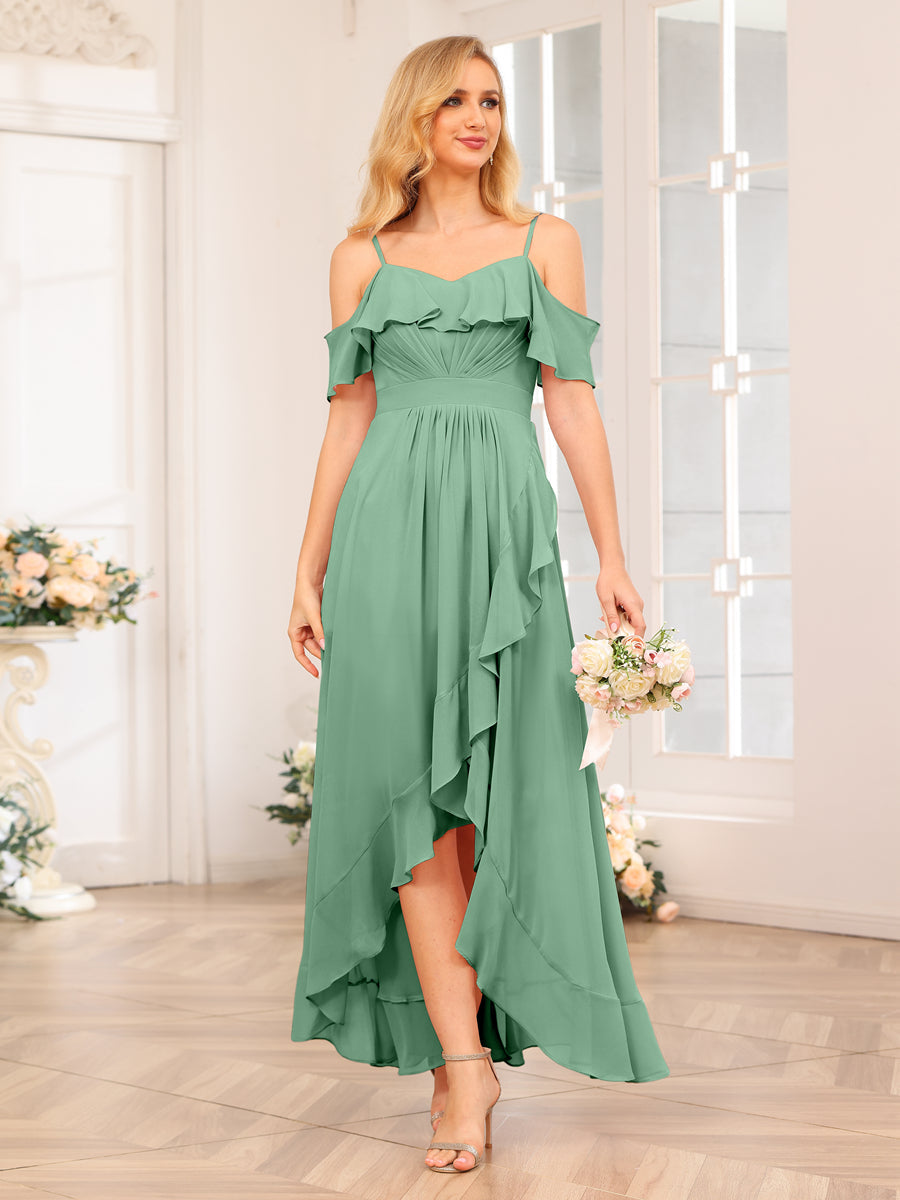 A-Line/Princess Spaghetti Straps Long Wedding Party Dresses with Ruffles Eucalyptus