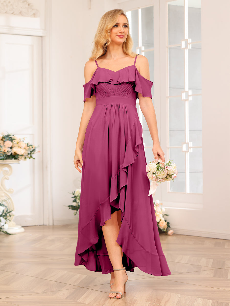 A-Line/Princess Spaghetti Straps Long Wedding Party Dresses with Ruffles Fuchsia