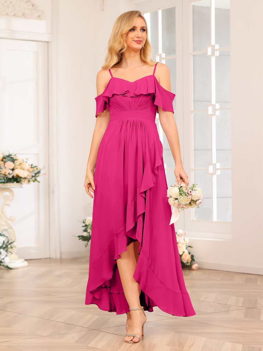 A-Line/Princess Spaghetti Straps Long Wedding Party Dresses with Ruffles Fuchsia Pink